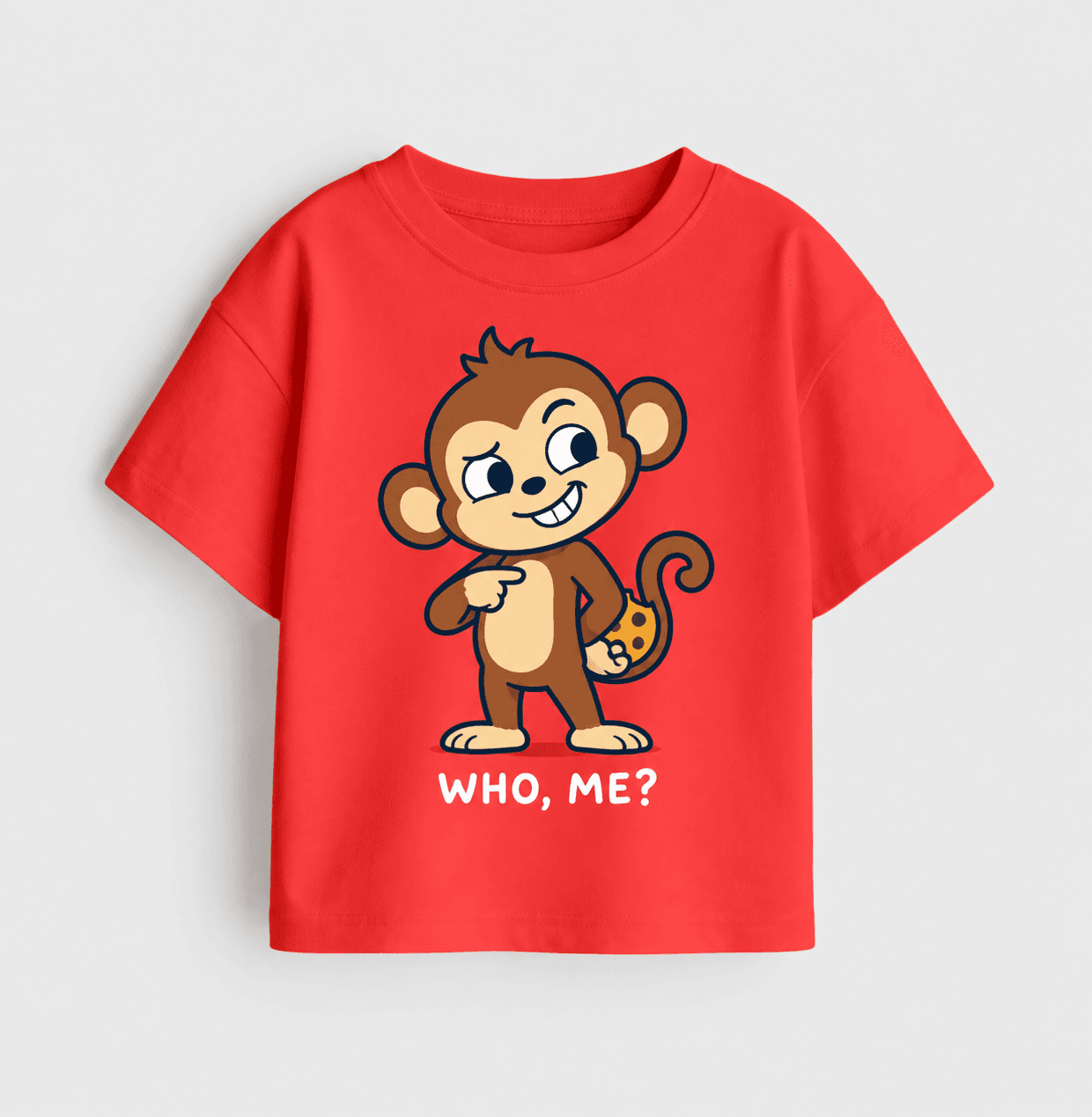 Red kids tee with a cartoon monkey hiding a cookie and the words Who, me?